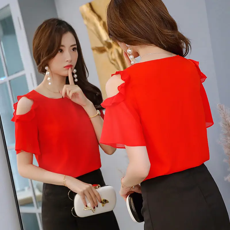 Women Black Shoulder Ruffle Shirt Spring Slim Fit - Image 4