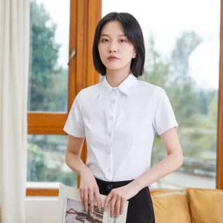 Women White Slim Fit Cotton Business Shirt Short Sleeve