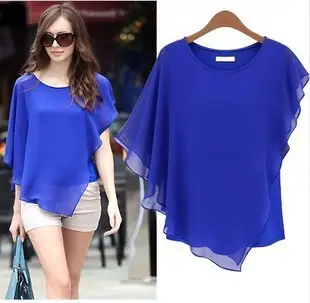 Women Chiffon Ruffled Batwing Top Blue