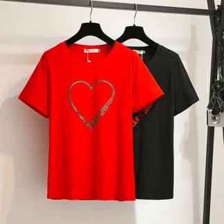 Plus Size Women T-Shirt Heart Print Black Red Loose Summer 2024