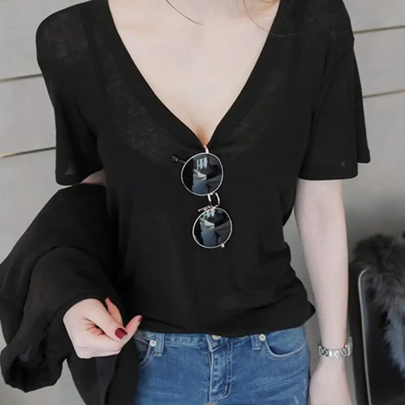 Women V-Neck T-Shirt Coffee Color Casual Black - Image 2