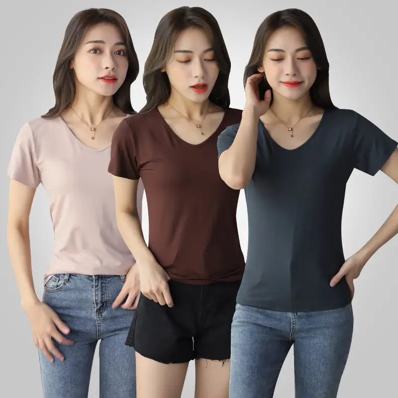 Women V Neck Silk T-Shirt Summer Loose White - Image 2