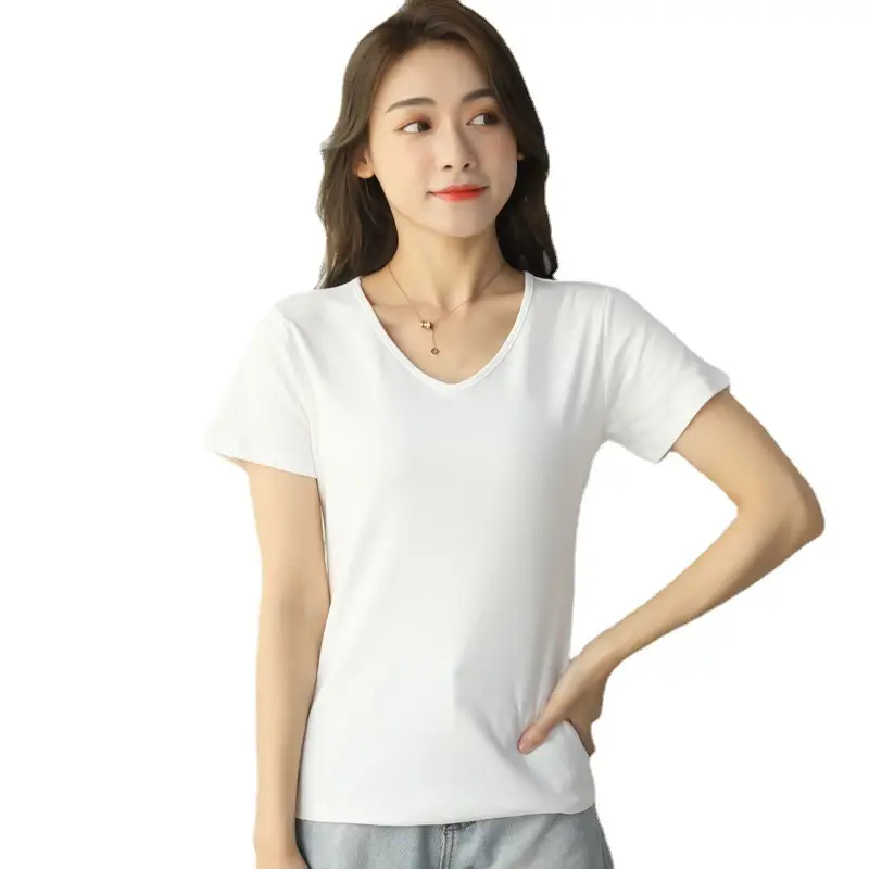 Women V Neck Silk T-Shirt Summer Loose White - Image 5