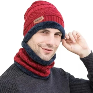 Men Red Wool Winter Cap with Neck Warmer