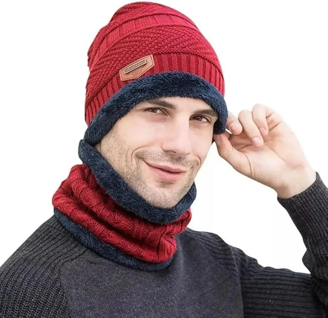 Men Red Wool Winter Cap with Neck Warmer