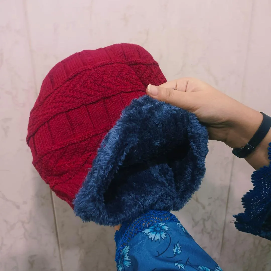 Men Red Wool Winter Cap with Neck Warmer - Image 2