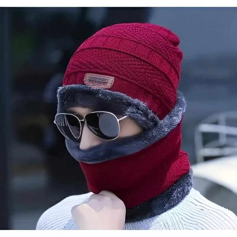 Men Red Wool Winter Cap with Neck Warmer - Image 4
