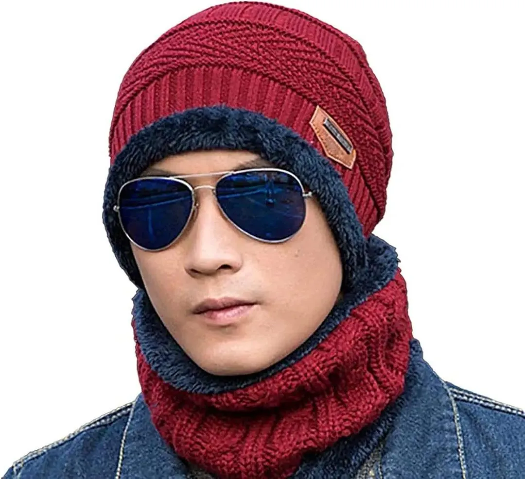 Men Red Wool Winter Cap with Neck Warmer - Image 5