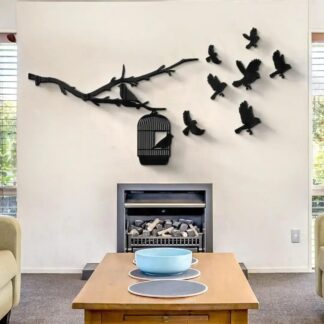 3D Wall Art Black Birds Escape Cage Modern Decor