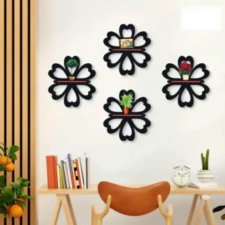 Set of 4 Black Flower Wall Shelves for Home Decor