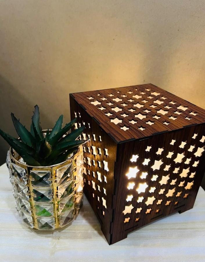 Star Design Laser Cut Wooden Table Lamp Golden Warm Glow - Image 3