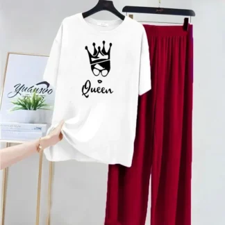 Women Printed Night Suit White Red