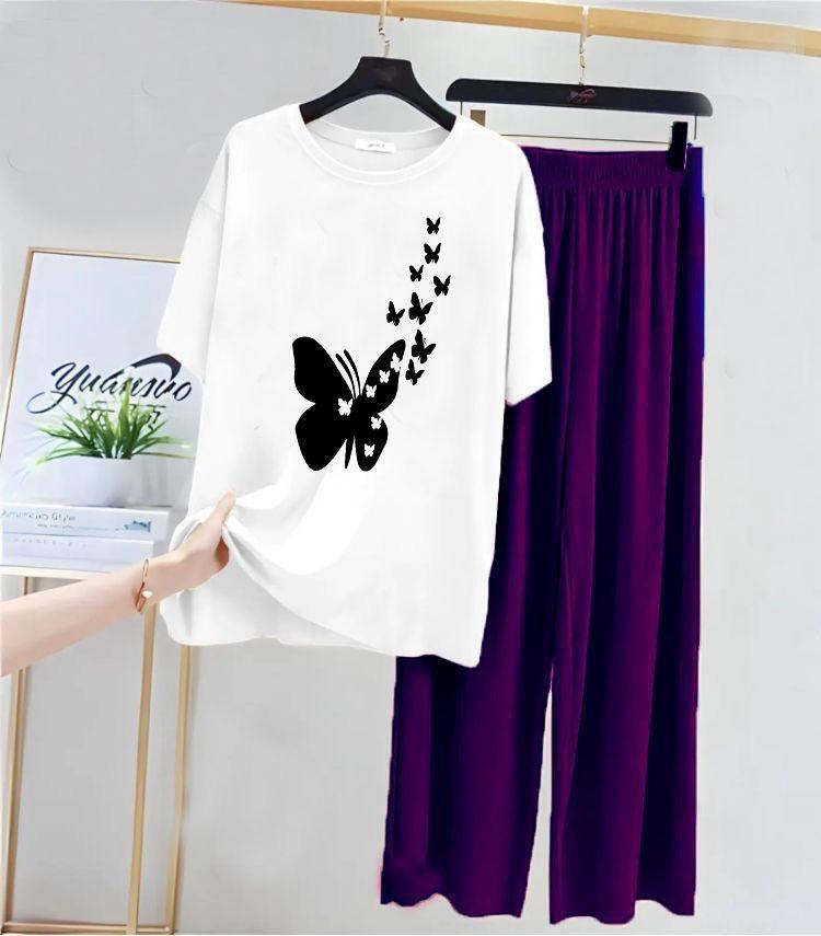 White Butterfly Printed Night Suit Cotton Jersey Medium to XL