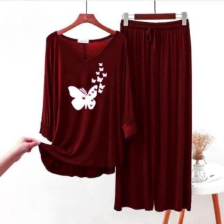 Maroon Butterfly Print Night Suit Cotton Jersey Set