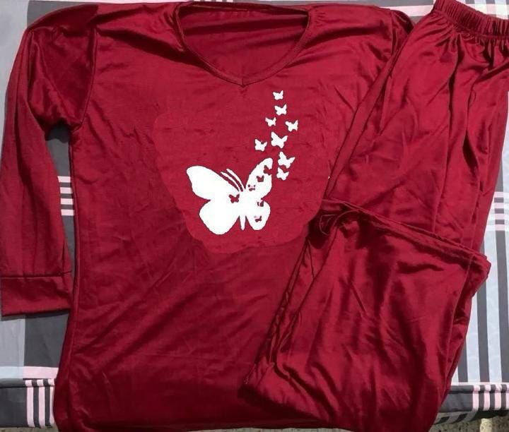 Maroon Butterfly Print Night Suit Cotton Jersey Set - Image 2