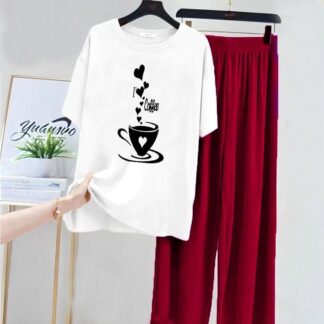 White Printed Night Suit 2 Pcs Cotton Jersey