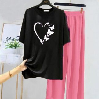 Black Printed Cotton Jersey Night Suit 2 Pcs Set