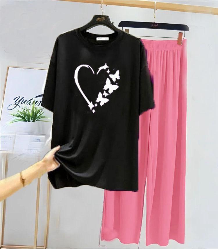 Black Printed Cotton Jersey Night Suit 2 Pcs Set