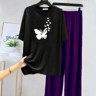 Black Cotton Night Suit with Butterfly Print