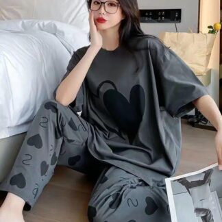 Women Cotton Jersey Night Suit Grey Printed Medium to XL