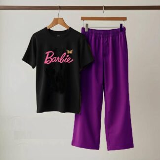 Black Cotton Night Suit with Barbie Print & Purple Trouser