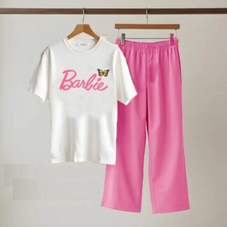 White Cotton Night Suit with Pink Butterfly Print