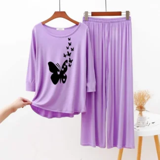 Women Purple Butterfly Printed Night Suit Set