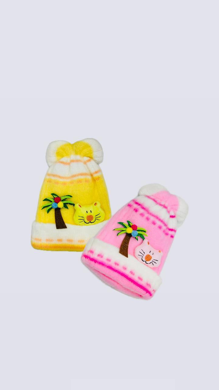 Baby Embroidered Beanies Pack of 2 Wool Warm Yellow Pink - Image 2