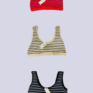 3 Pack Striped Cotton Bras Red Beige Black Non Padded