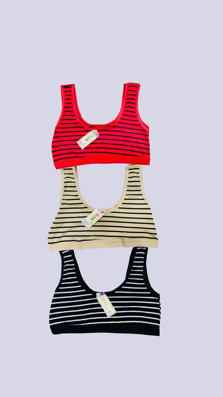 3 Pack Striped Cotton Bras Red Beige Black Non Padded - Image 3