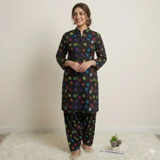 Pakistani Printed Kurta Pyjama Set Black Polo Cotton 2 Pcs