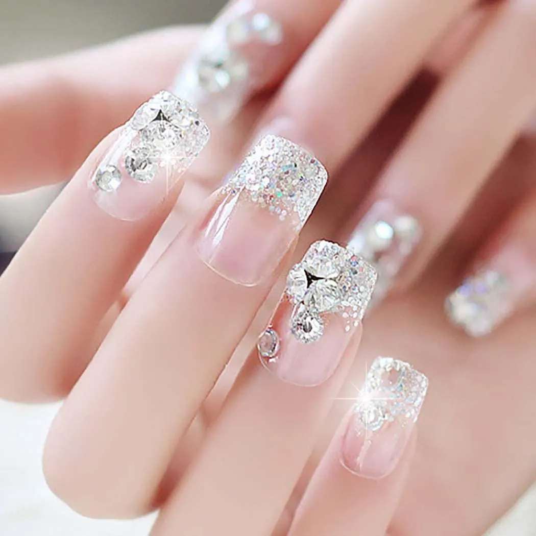 Double Size Acrylic Rhinestone Nails Silver Glitter - Image 3