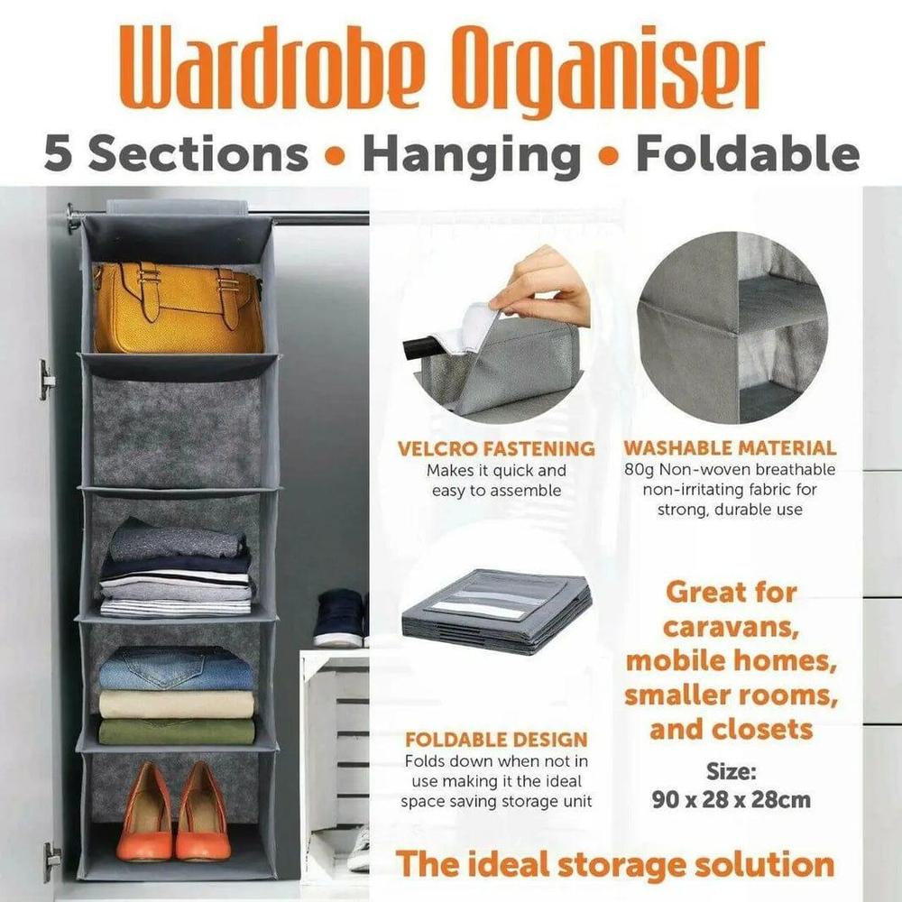 5 Section Hanging Wardrobe Organizer Grey Foldable