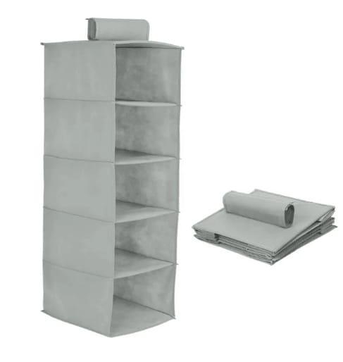 5 Section Hanging Wardrobe Organizer Grey Foldable - Image 2