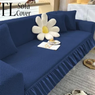 6 Seater Velvet Sofa Cover Blue Textured Ruffled Edge