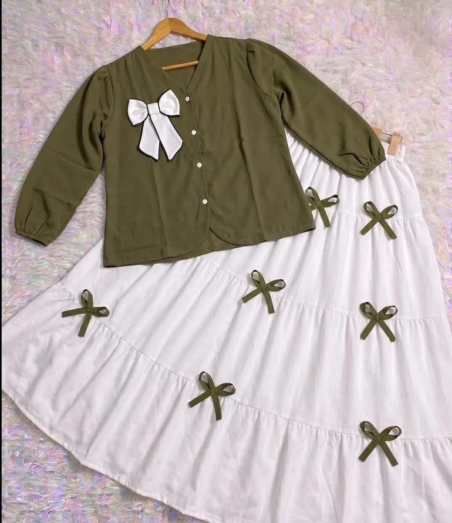 Olive Green Bow Work Georgette 2Pcs Skirt Set