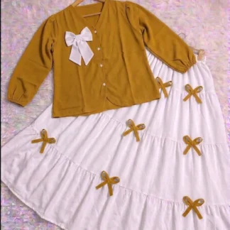 Women Bow Work Georgette Skirt Set Mustard White