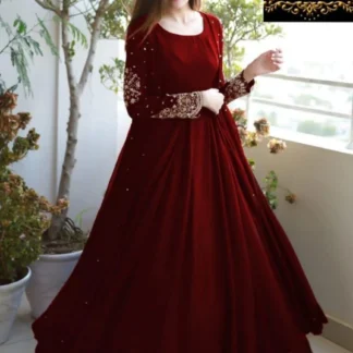 Heavy Embroidered With Front And Back Pearls Attached Gown With Maxi Trouser - 3 Pcs