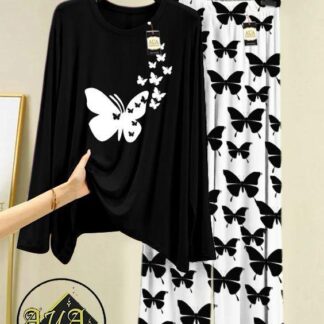Women Butterfly Printed Night Suit Black Jersey 2 Pcs