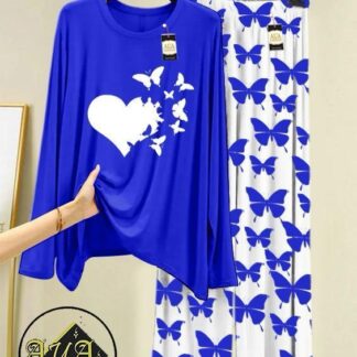 Women Night Suit Butterfly Print Cotton Jersey Blue