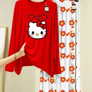 Hello Kitty Printed Red Night Suit 2 Pcs Women