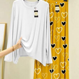 White Cotton Night Suit with Heart Print for Home