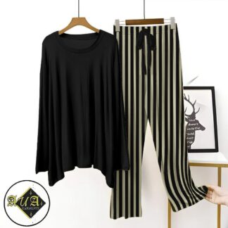 Black & Beige Stripe Night Suit Cotton Jersey Set
