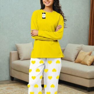 Women's Night Suit Cotton Jersey Yellow Hearts Print