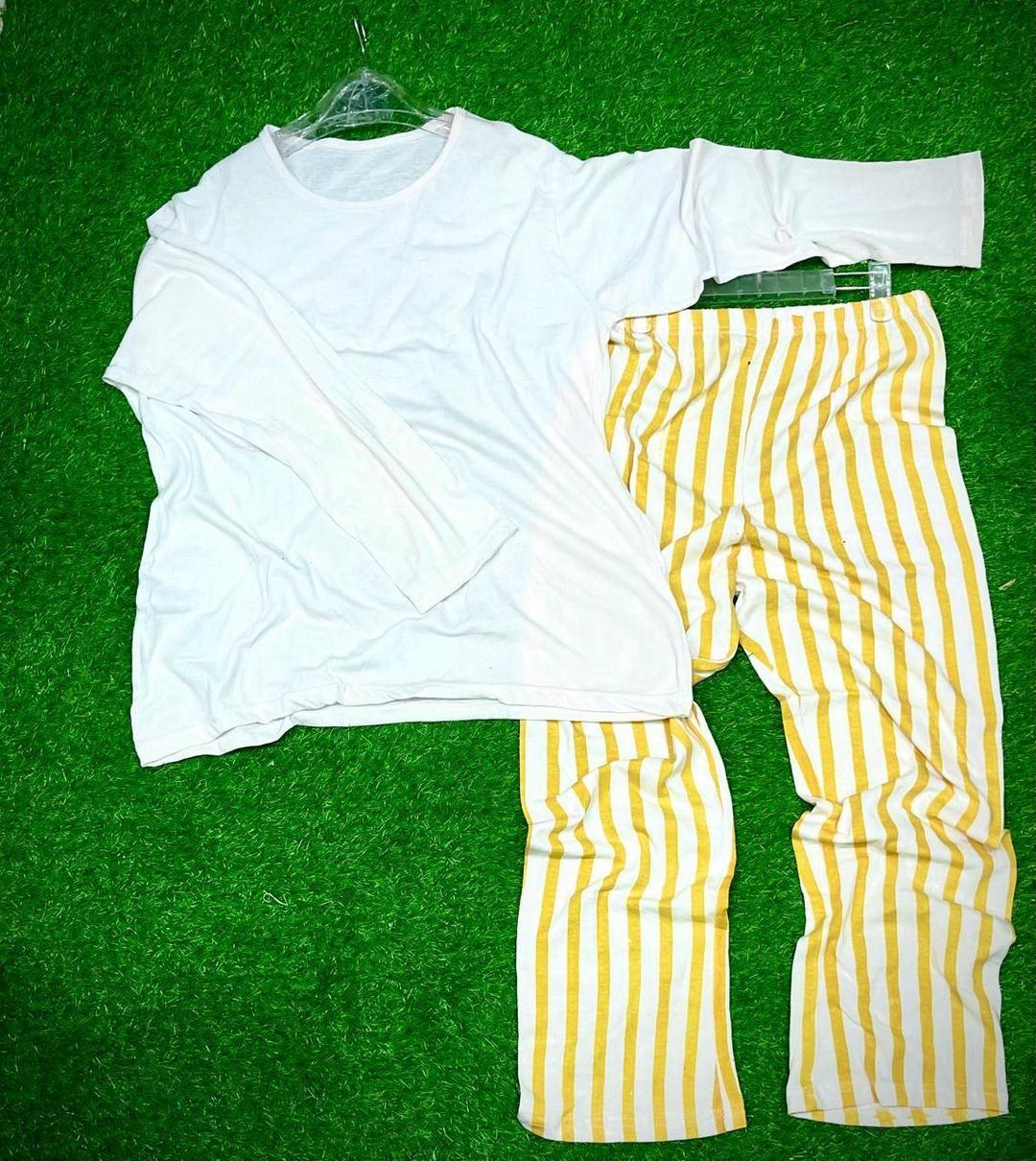 Premium Cotton Night Suit Yellow White Striped 2Pc Set - Image 2