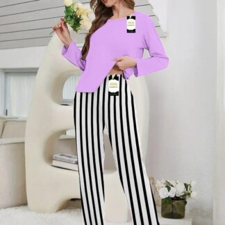 Purple Cotton Night Suit 2Pc Set Black White Striped