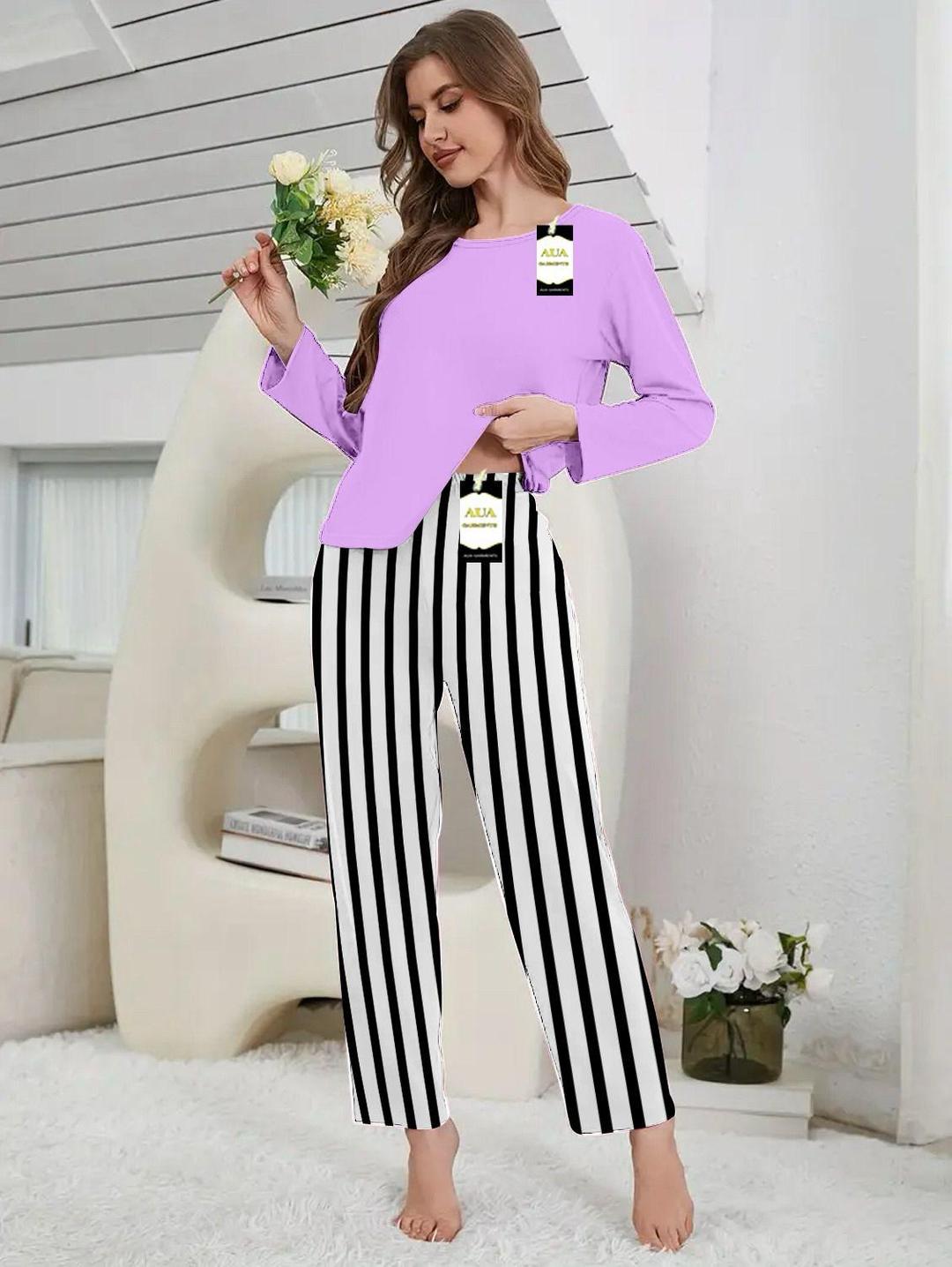 Purple Cotton Night Suit 2Pc Set Black White Striped