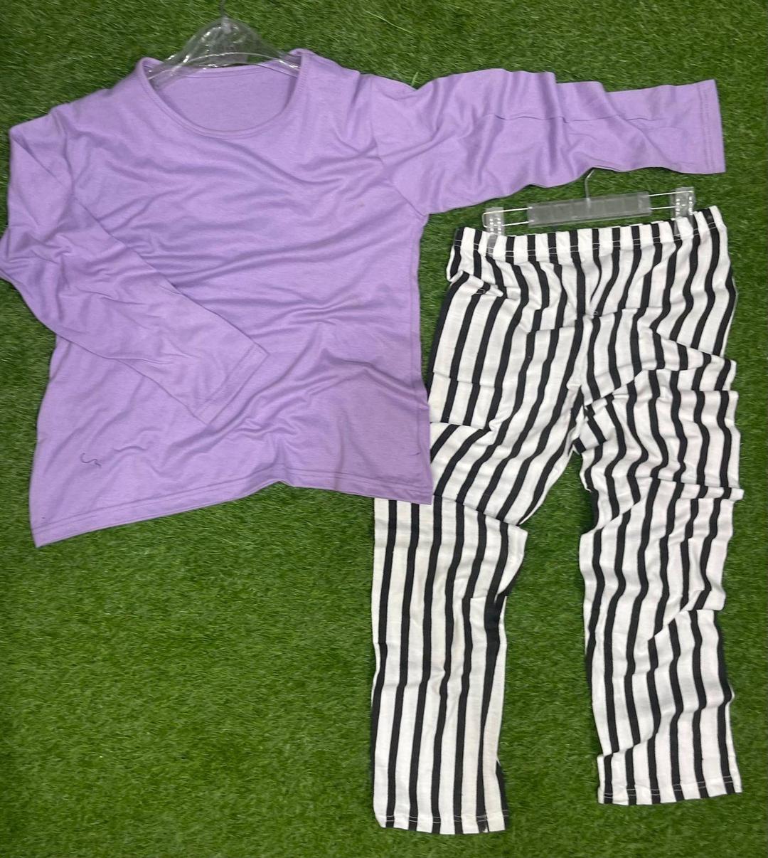 Purple Cotton Night Suit 2Pc Set Black White Striped - Image 2