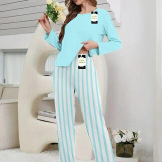 Women Blue Striped Night Suit 2 Pcs Cotton Jersey