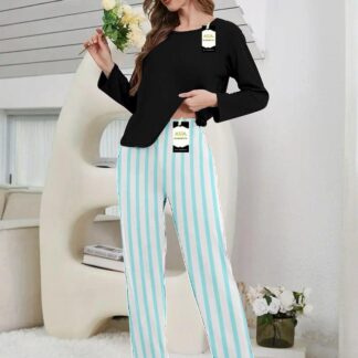 Women Cotton Night Suit Black Striped Trouser Set